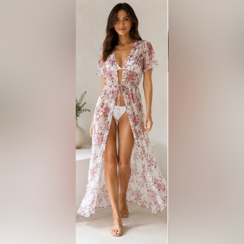 Kate & Mallory Floral Sheer Chiffon‎ Cap Sleeveless Empire Waist Maxi Dress 2X